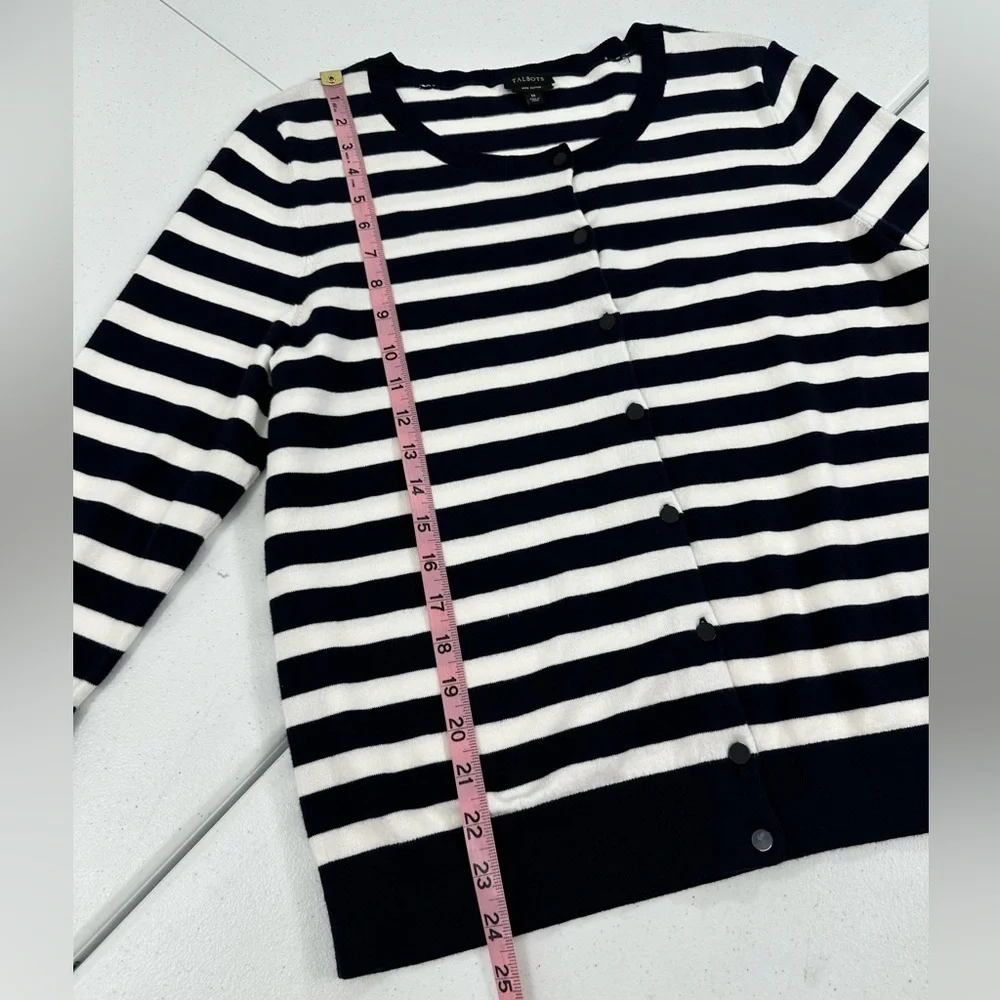 Talbots Nautical Navy White Stripe Cardigan Pima Cotton 3/4 Sleeve Classic Med